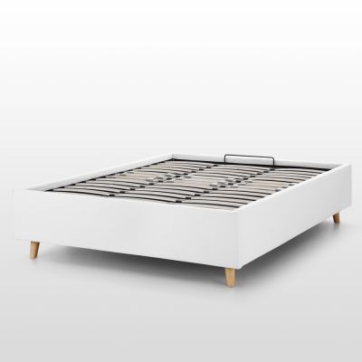 Lit avec rangement 140x190, sans tête de lit, de couleur blanche, sommier relevable